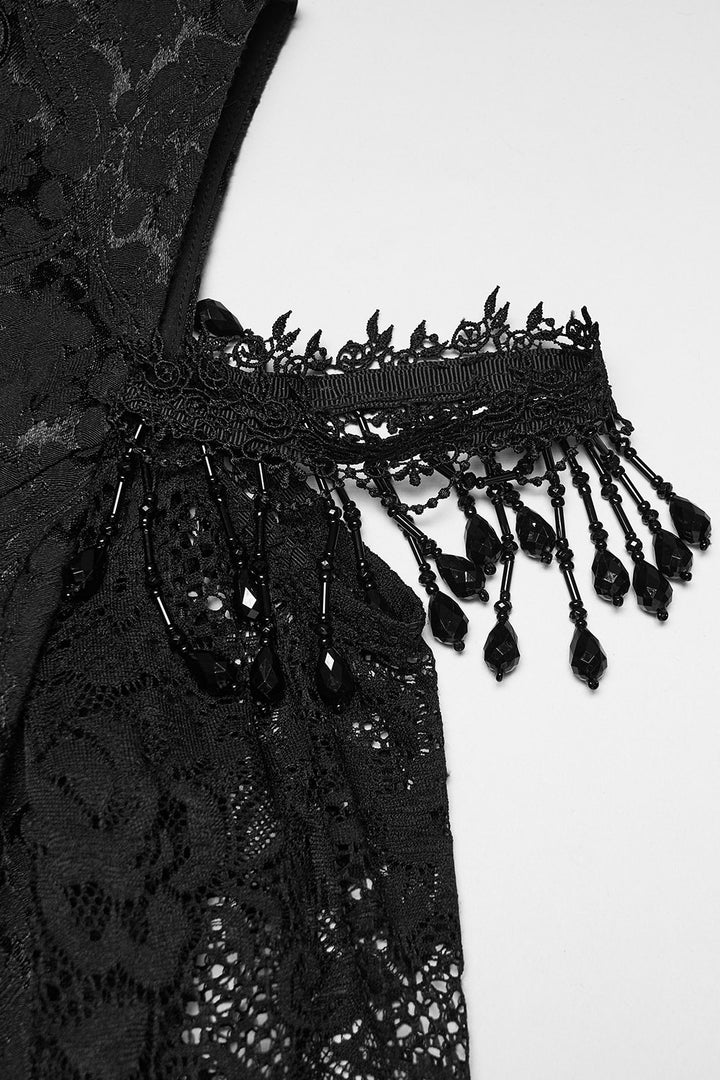 tasseled lace-up long layered black romantic flared cuff off shoulder lace dress