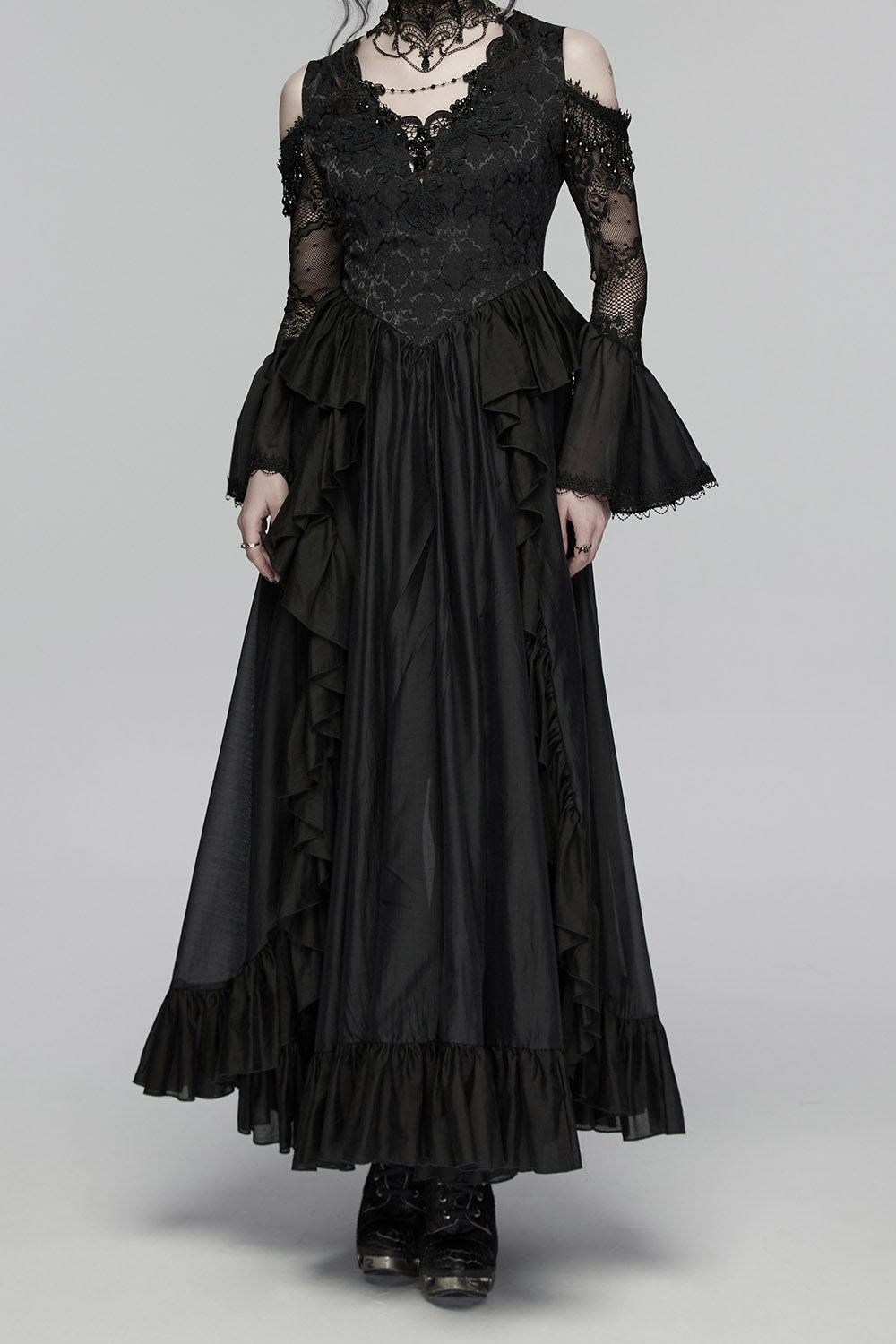 layered black romantic flared cuff off shoulder lace dress