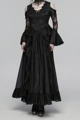 layered black romantic flared cuff off shoulder lace dress