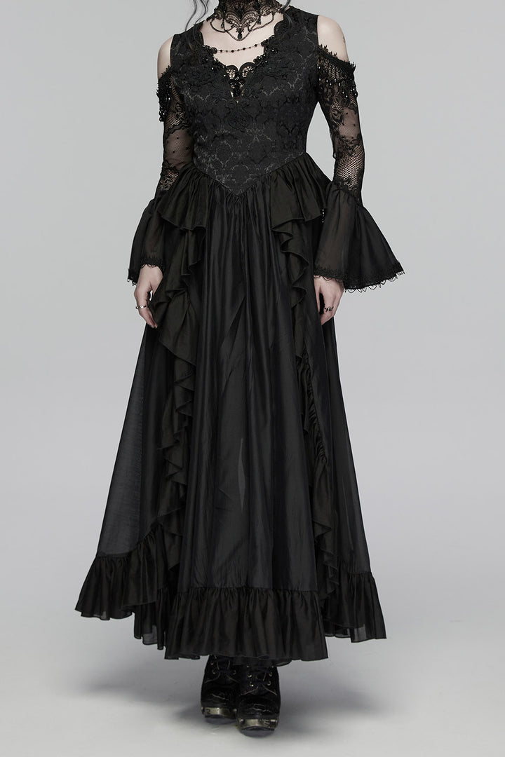 layered black romantic flared cuff off shoulder lace dress