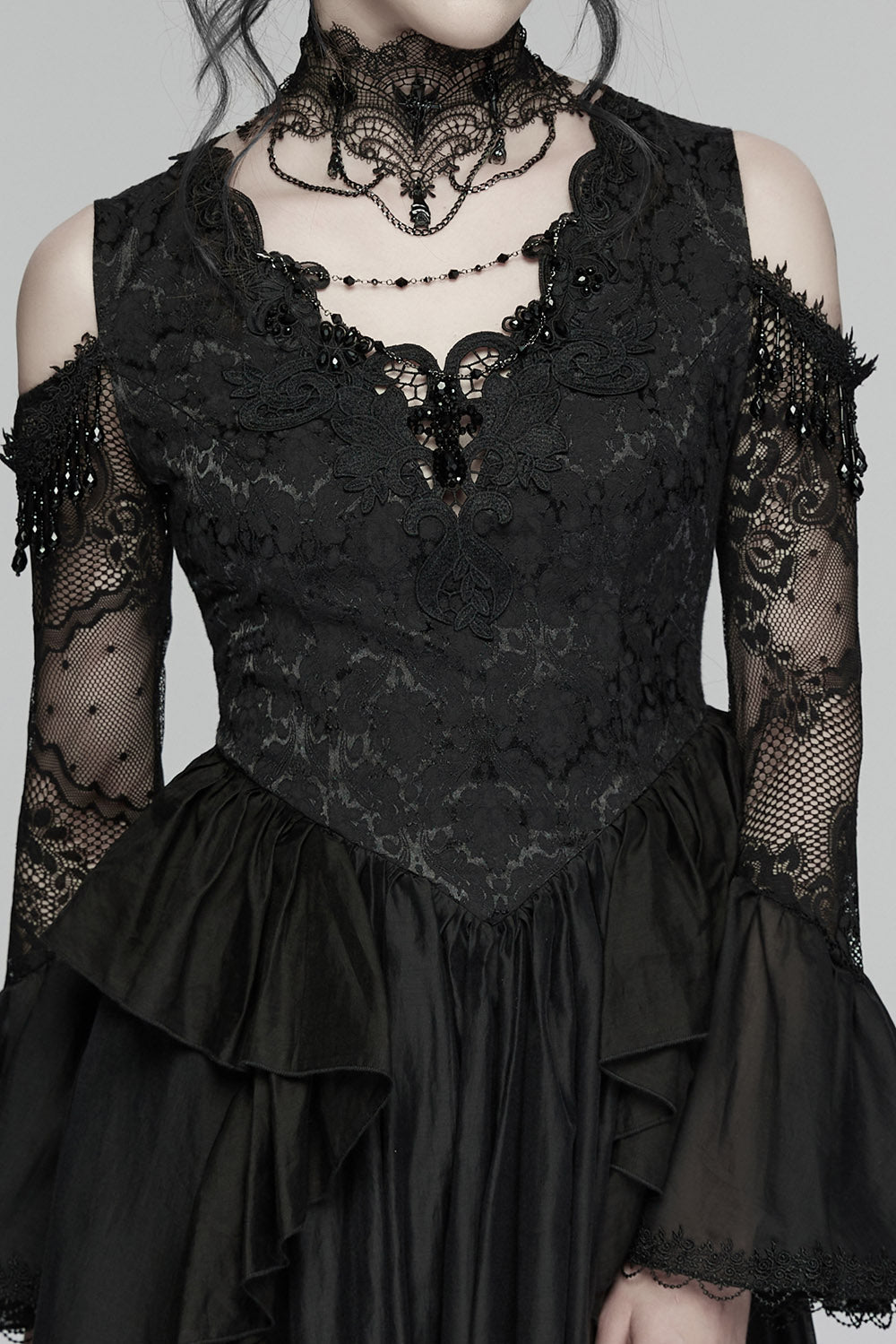 black romantic flared cuff off shoulder lace dress