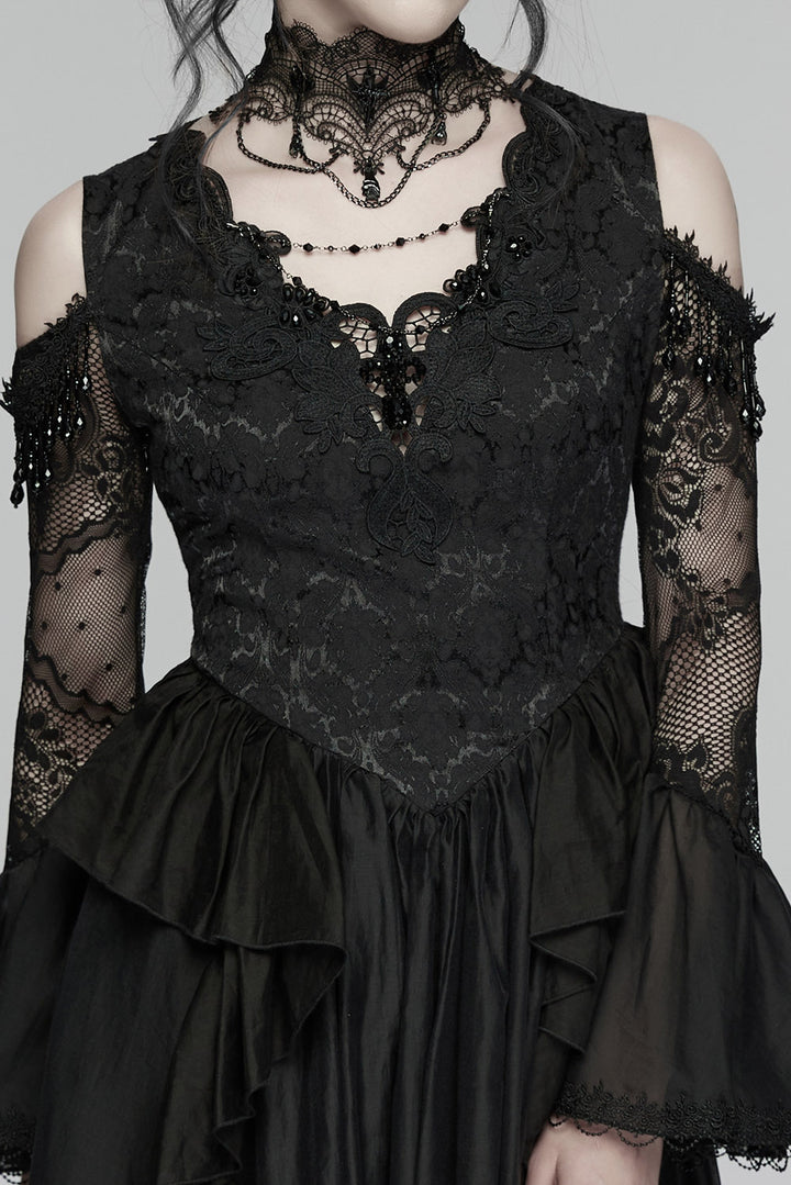 black romantic flared cuff off shoulder lace dress