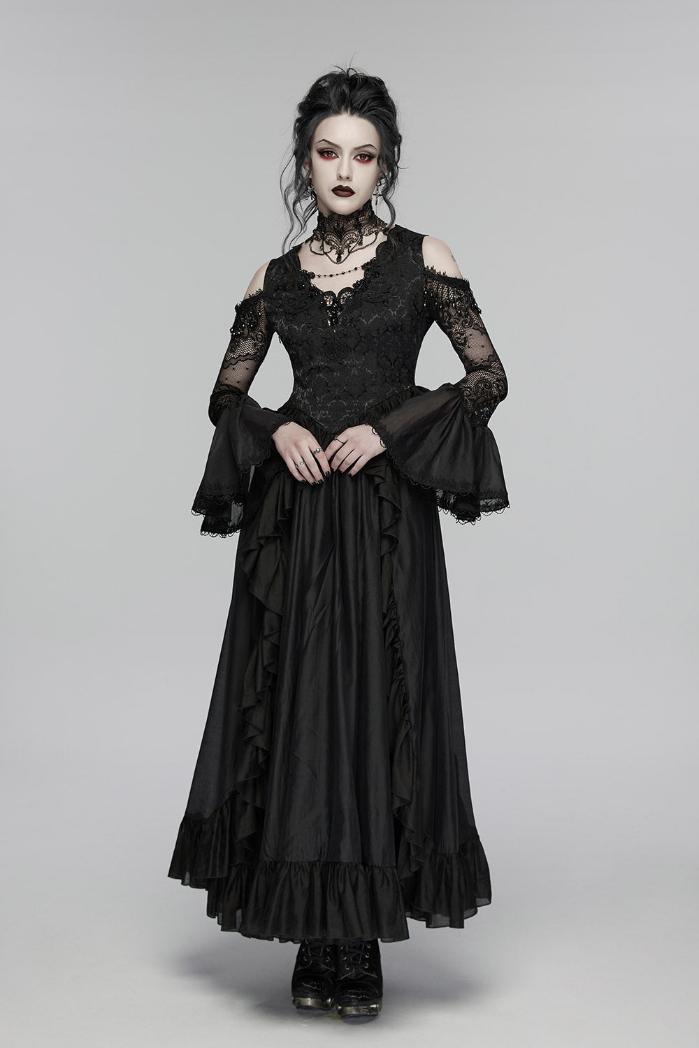 lace-up long layered black romantic flared cuff off shoulder lace dress
