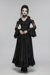 lace-up long layered black romantic flared cuff off shoulder lace dress