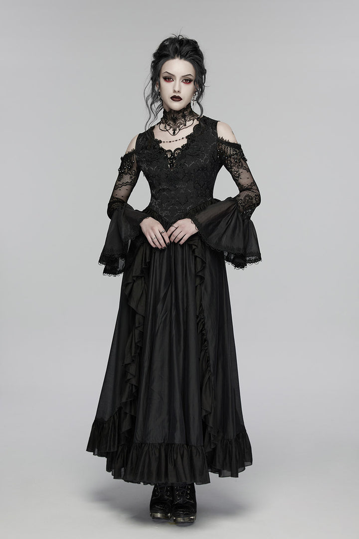 lace-up long layered black romantic flared cuff off shoulder lace dress