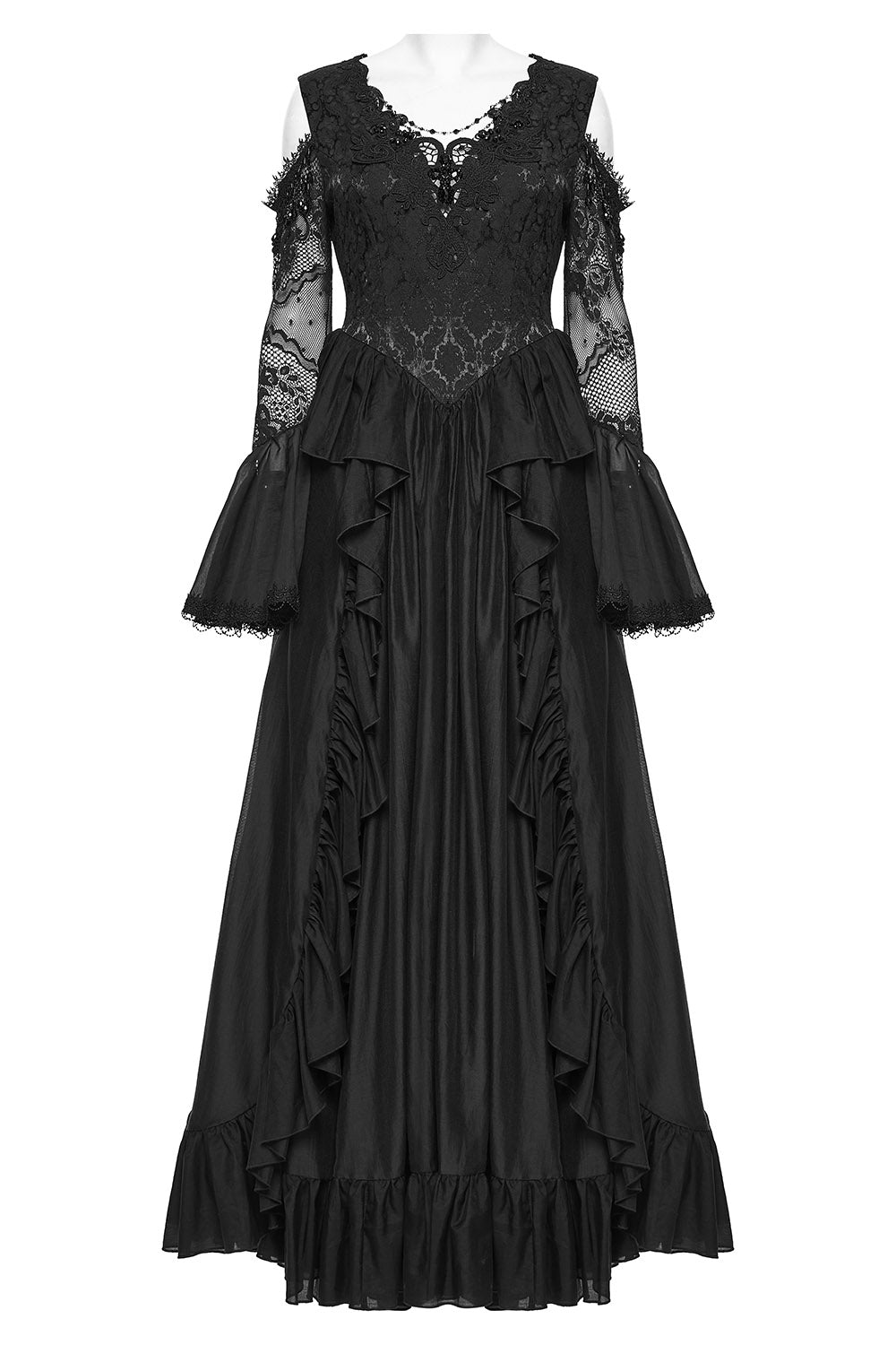 lace-up long layered black romantic flared cuff off shoulder lace dress by punk rave