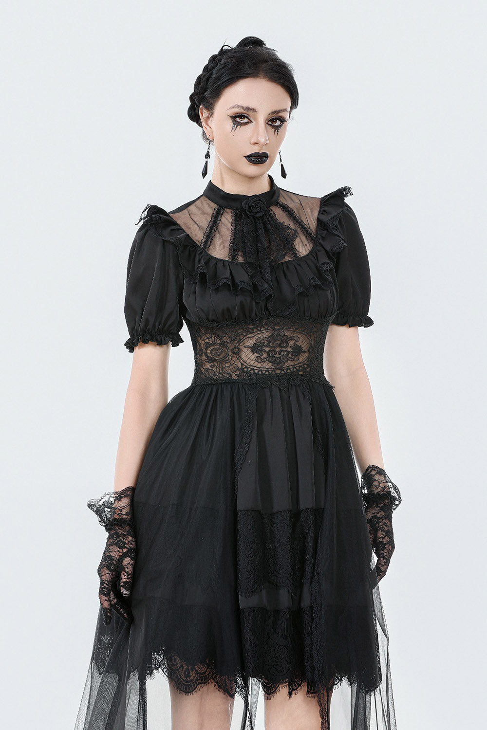 high collared ruffle mesh lace dress