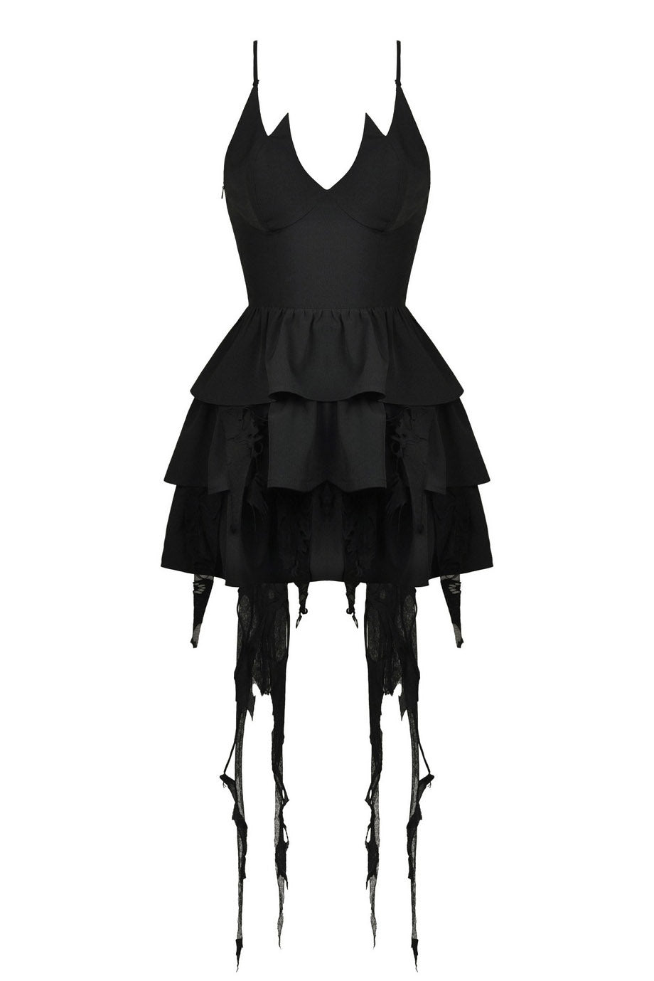 tattered black mini ruffle dress