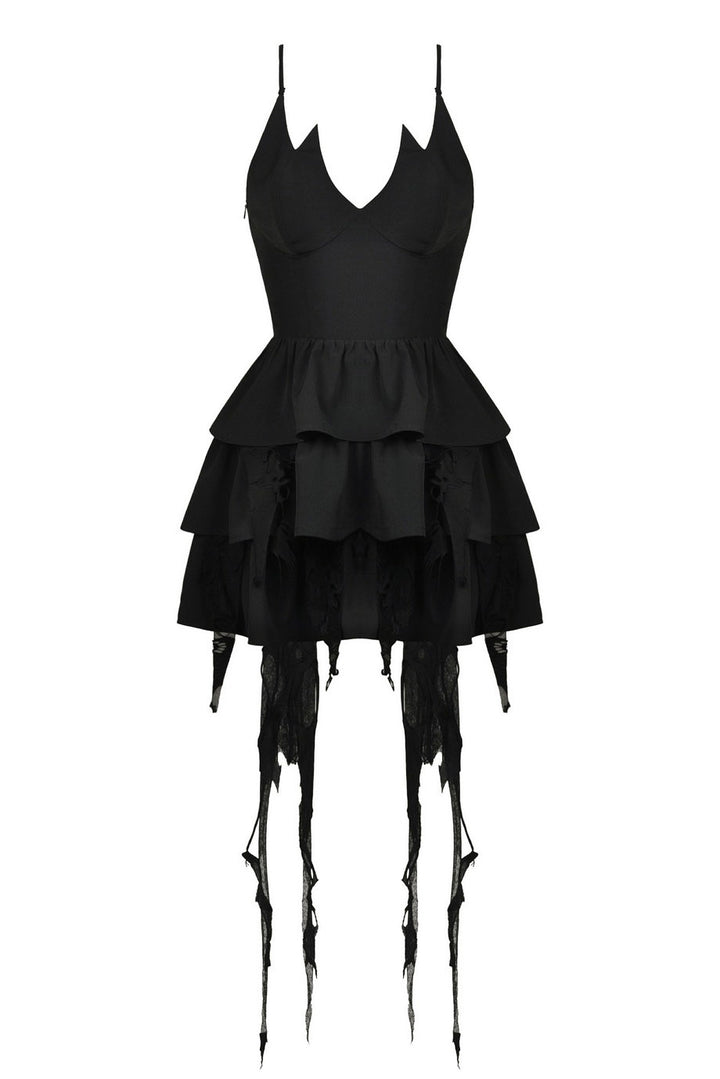 tattered black mini ruffle dress