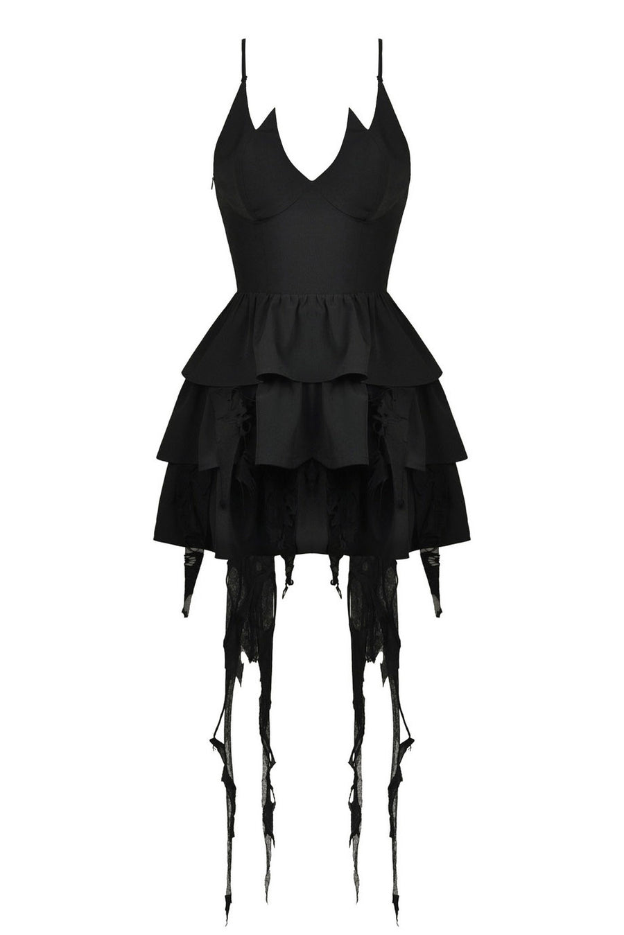 tattered black mini ruffle dress