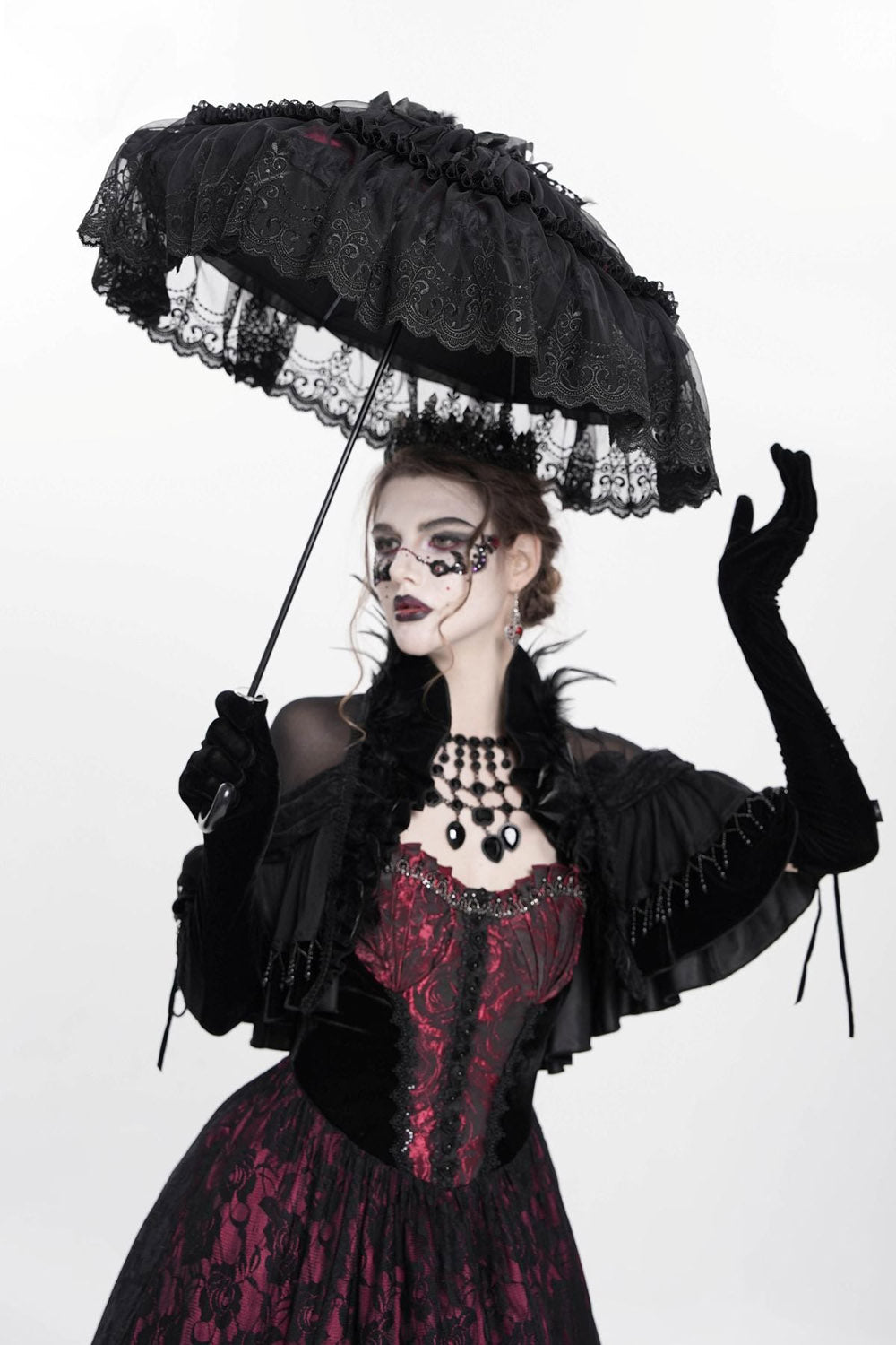 gothic lace parasol umbrella with tassels, beads, feather, and lace