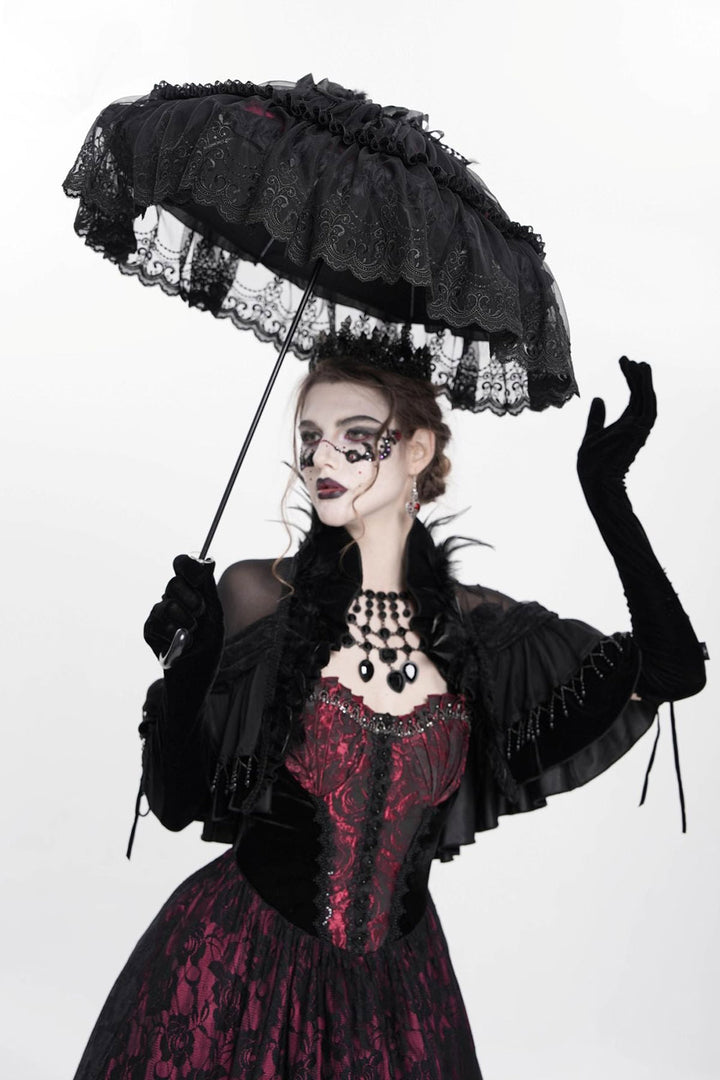 gothic lace parasol umbrella with tassels, beads, feather, and lace