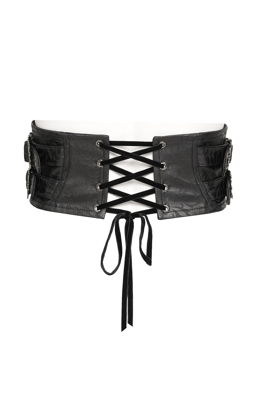 Black corset belt with lace-up design on a white background