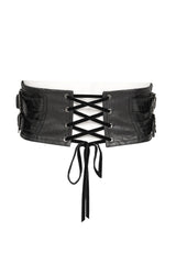 Black corset belt with lace-up design on a white background
