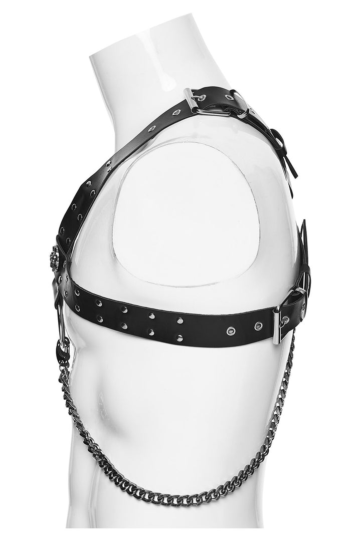 mens vegan leather gothic harness with skull studs