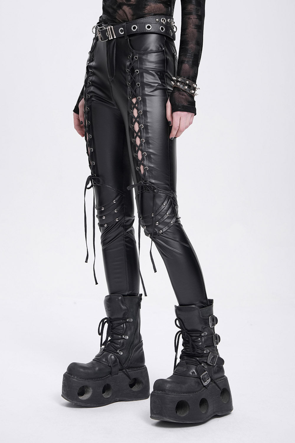 lace up vegan leather pants