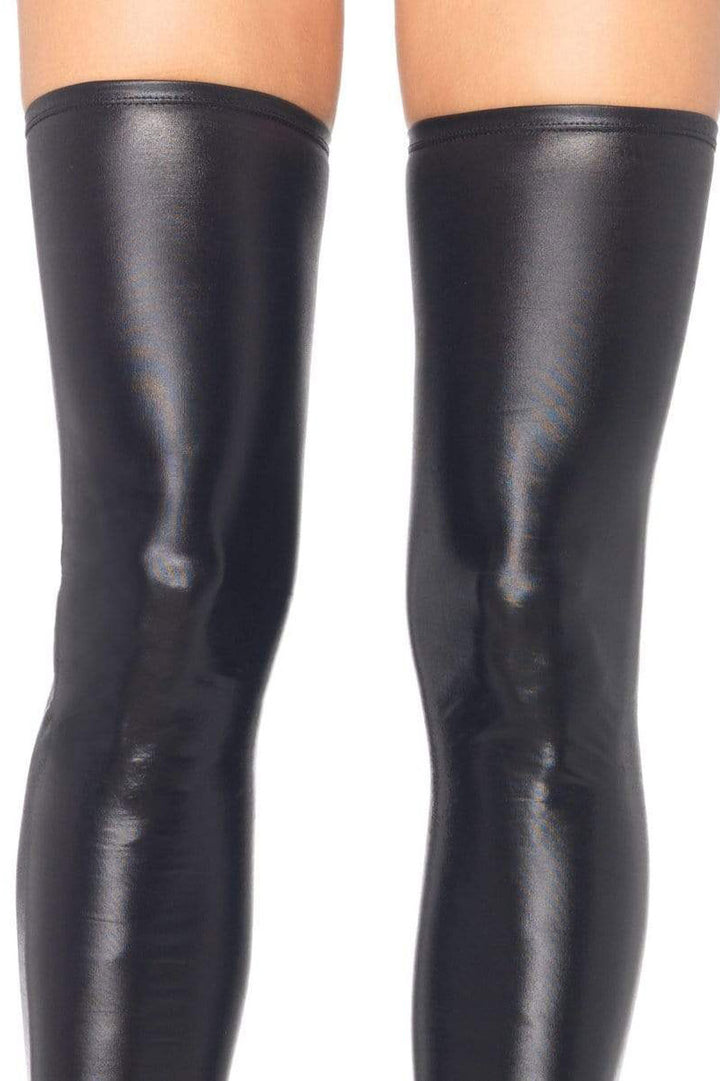 womens black wetlook thigh high stockings