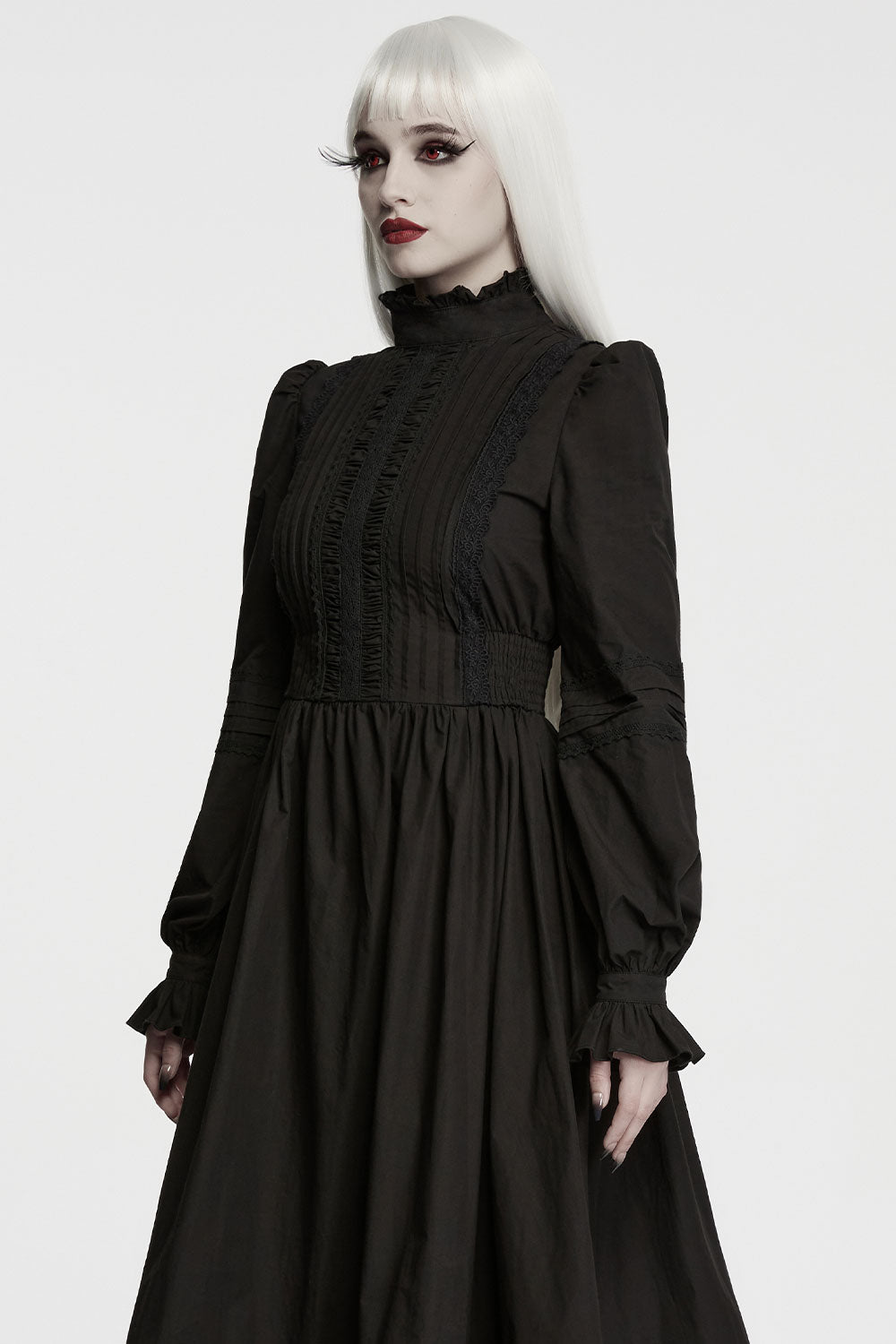 cinched waist long black dress with ruffle detail