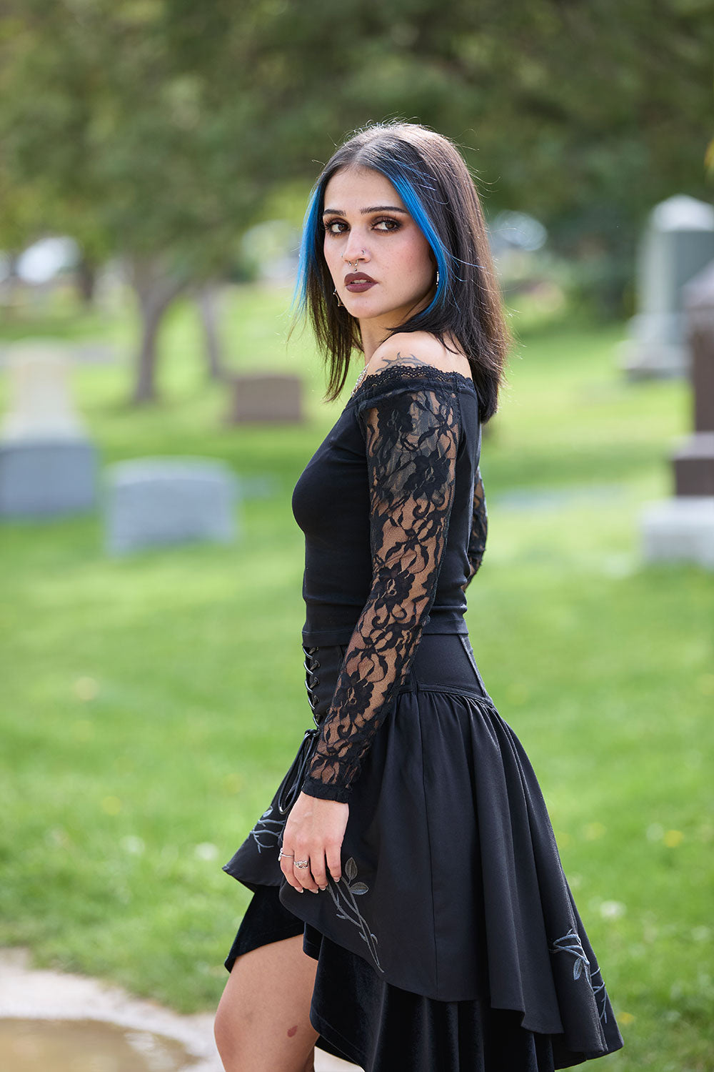 goth thumbhole lace sleeve ladies top