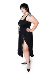 womens black romantic deep v-neck lace-up dress with leg slit and with pockets by forest ink