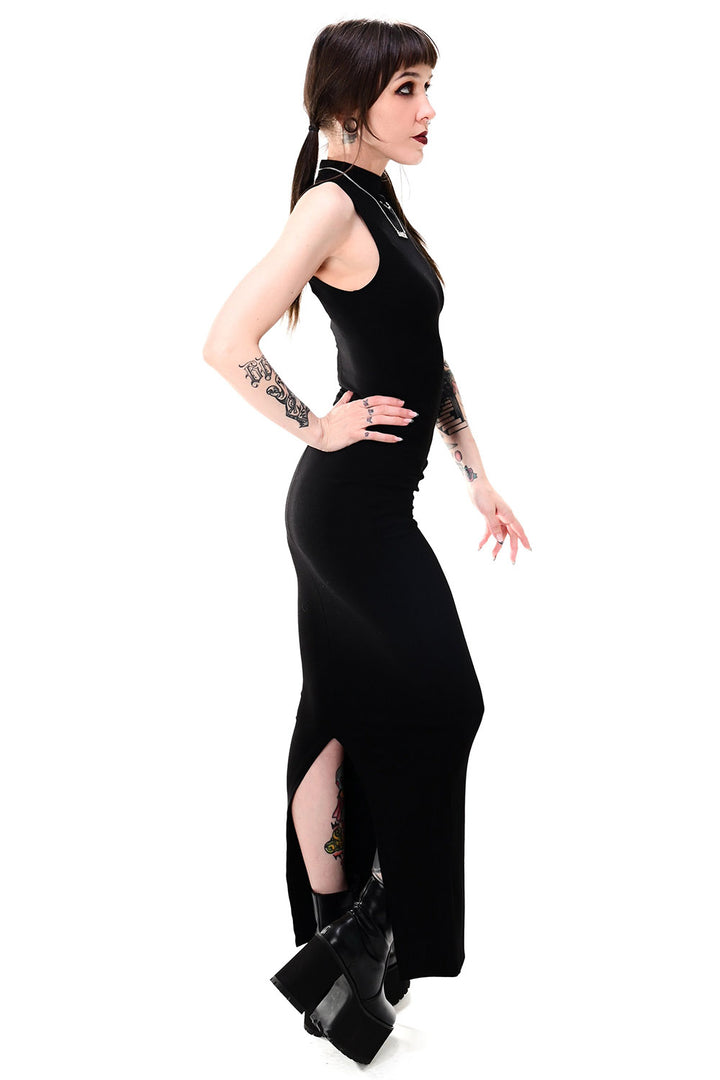 gothic leg slit long black dress