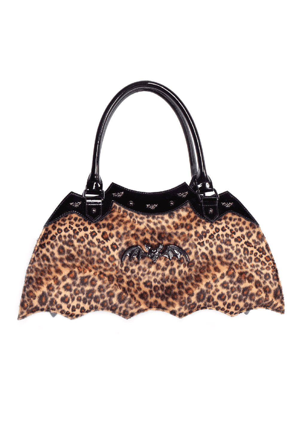 Leopard print handbag with black handle on a white background