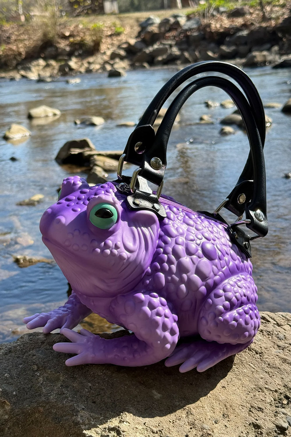 quirky whimsical purple toad handbag with shoulder strap by windy willow