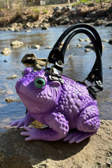 quirky whimsical purple toad handbag with shoulder strap by windy willow