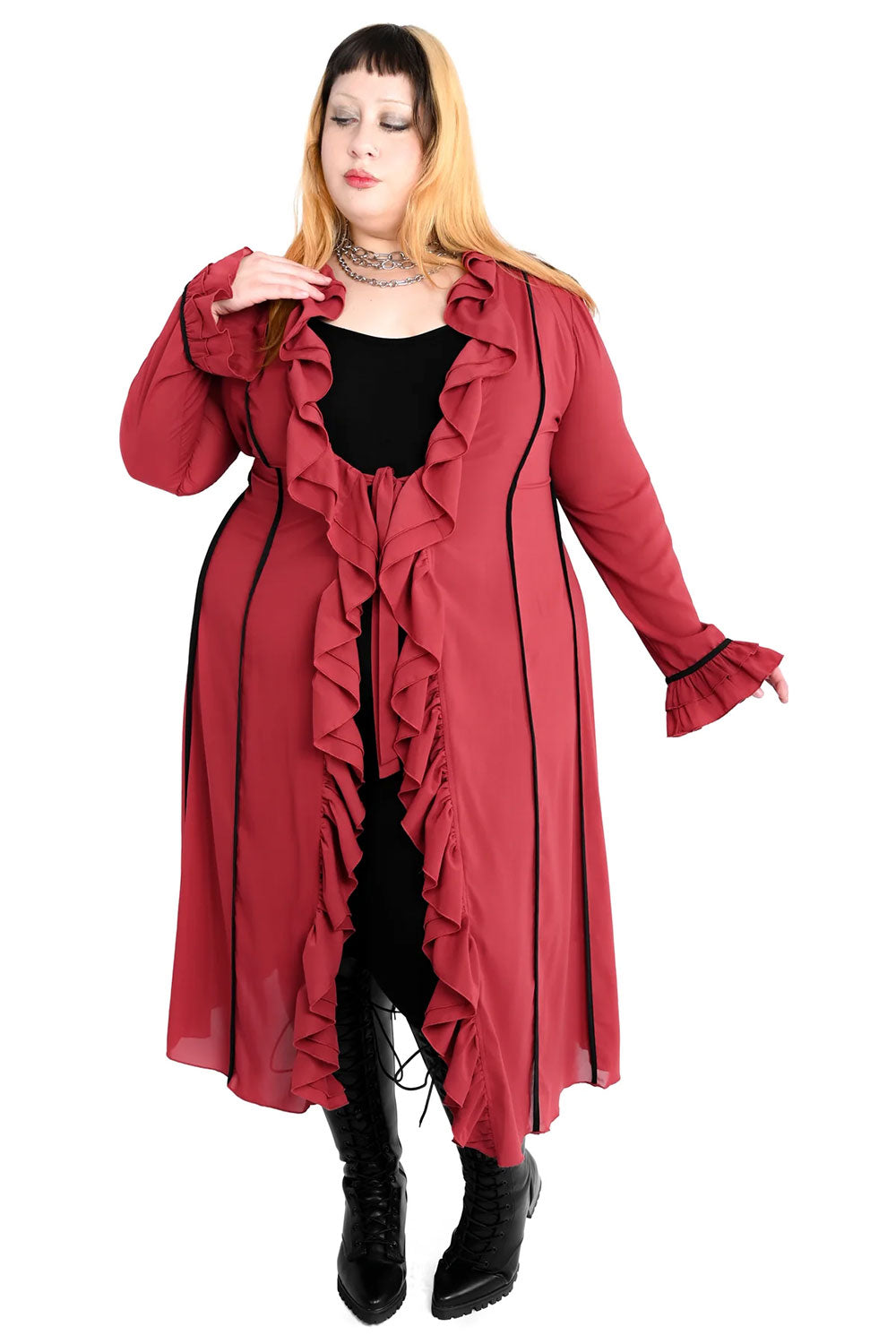 Foxblood womens long red duster with high quality chiffon and black piping details