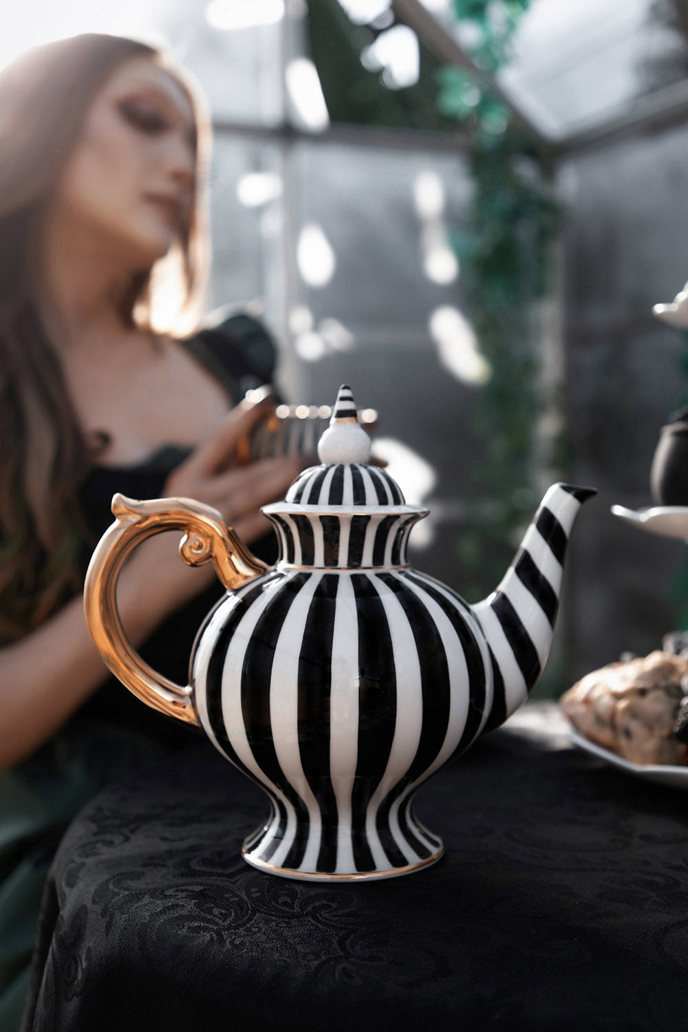 creepy circus black and white striped teapot