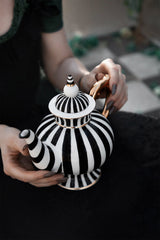 spooky goth black and white striped teapot