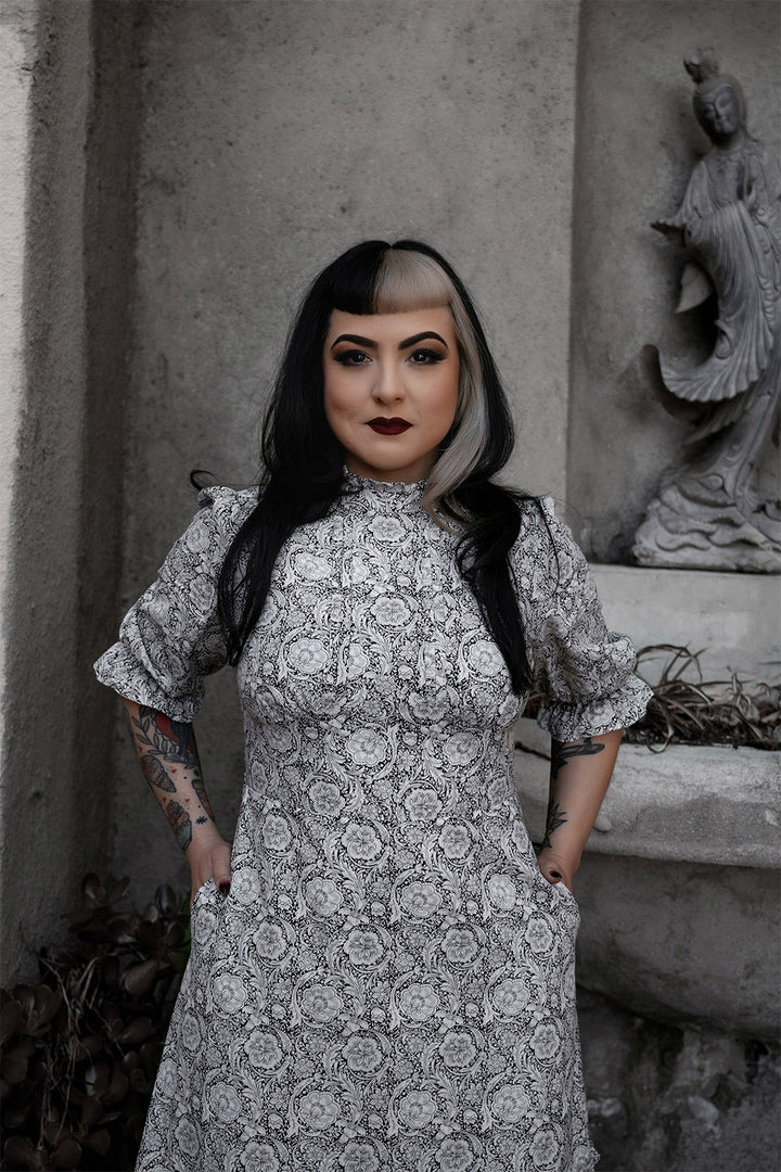 pleated plus size puffed sleeve high collar ruffle dress by lively ghosts 