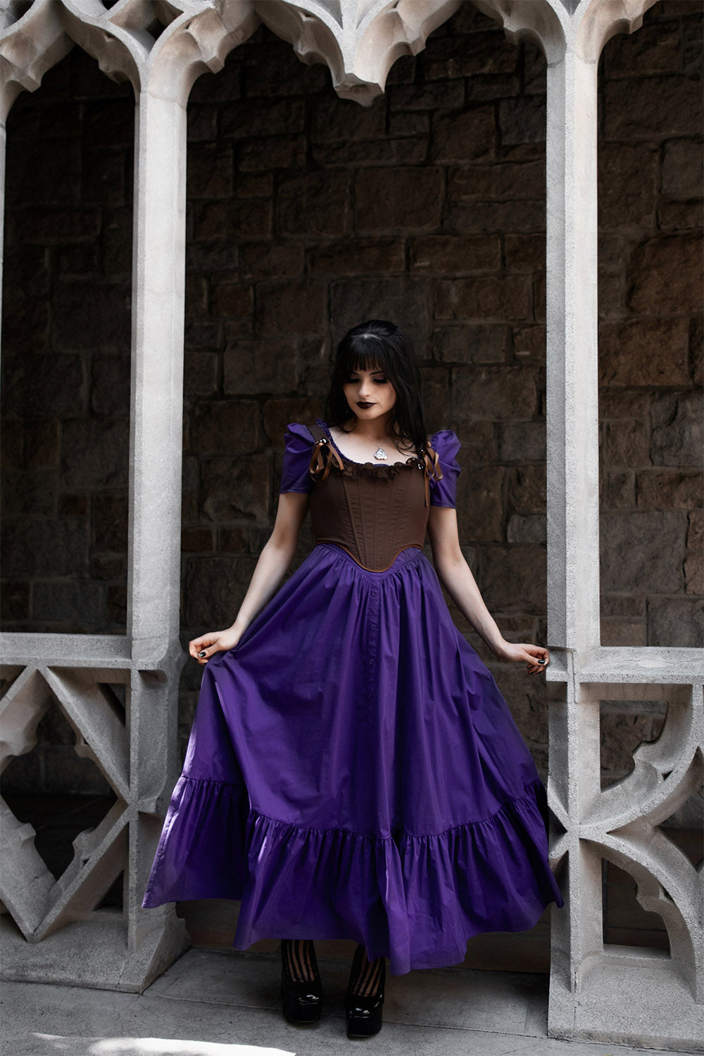 womens dark purple prairie puff shoulder ruffled long dress