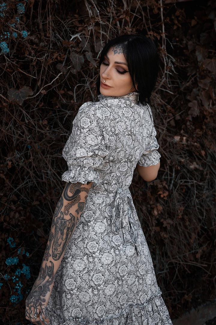 vintage goth puffed sleeve high collar ruffle dress by lively ghosts 