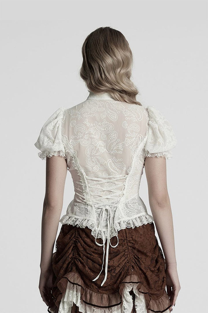 collared lace-up back white gothic top