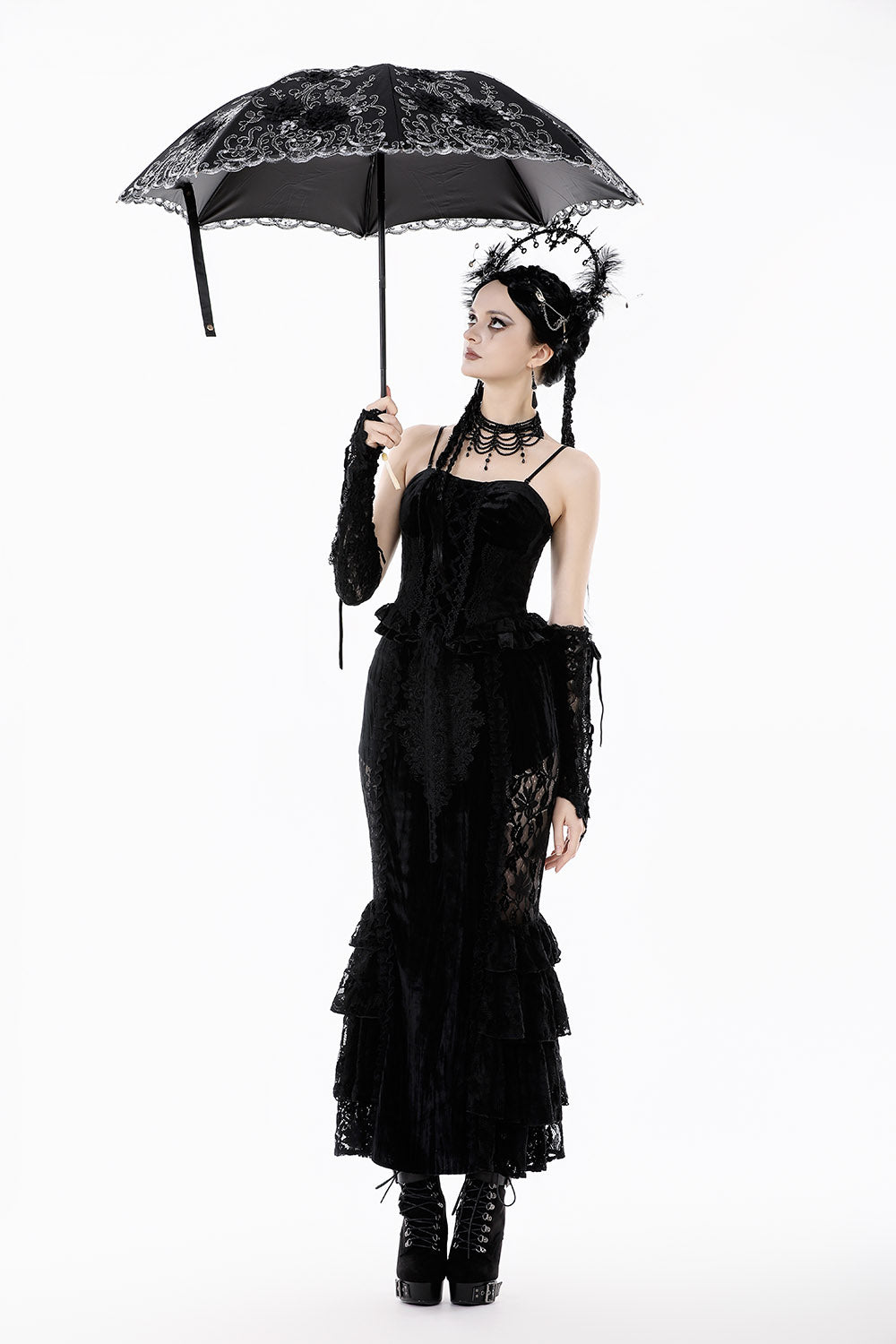mesh ruffled foldable embroidered lace umbrella