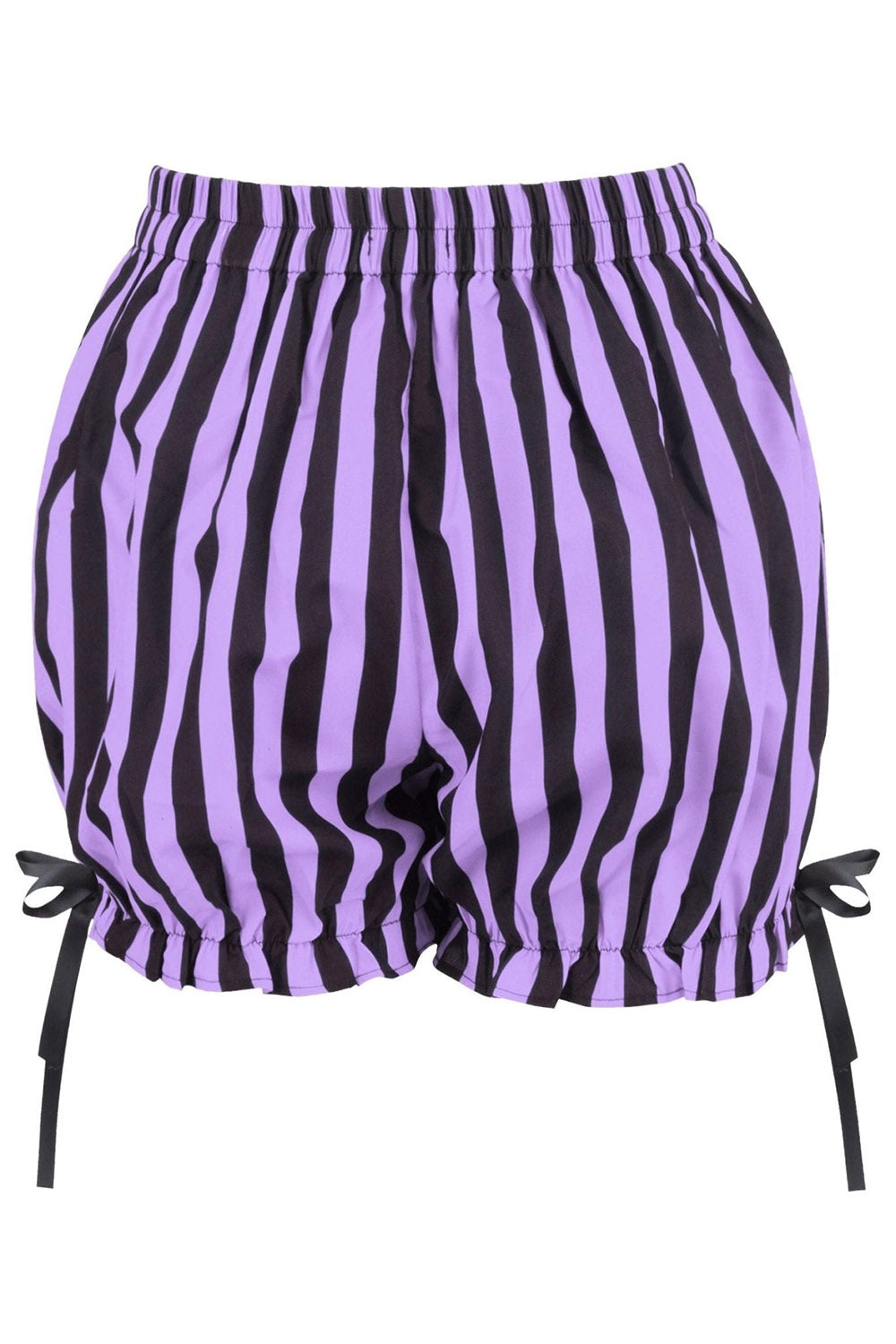 Purple and black striped bloomers shorts with tie sides on a white background
