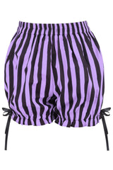 Purple and black striped bloomers shorts with tie sides on a white background