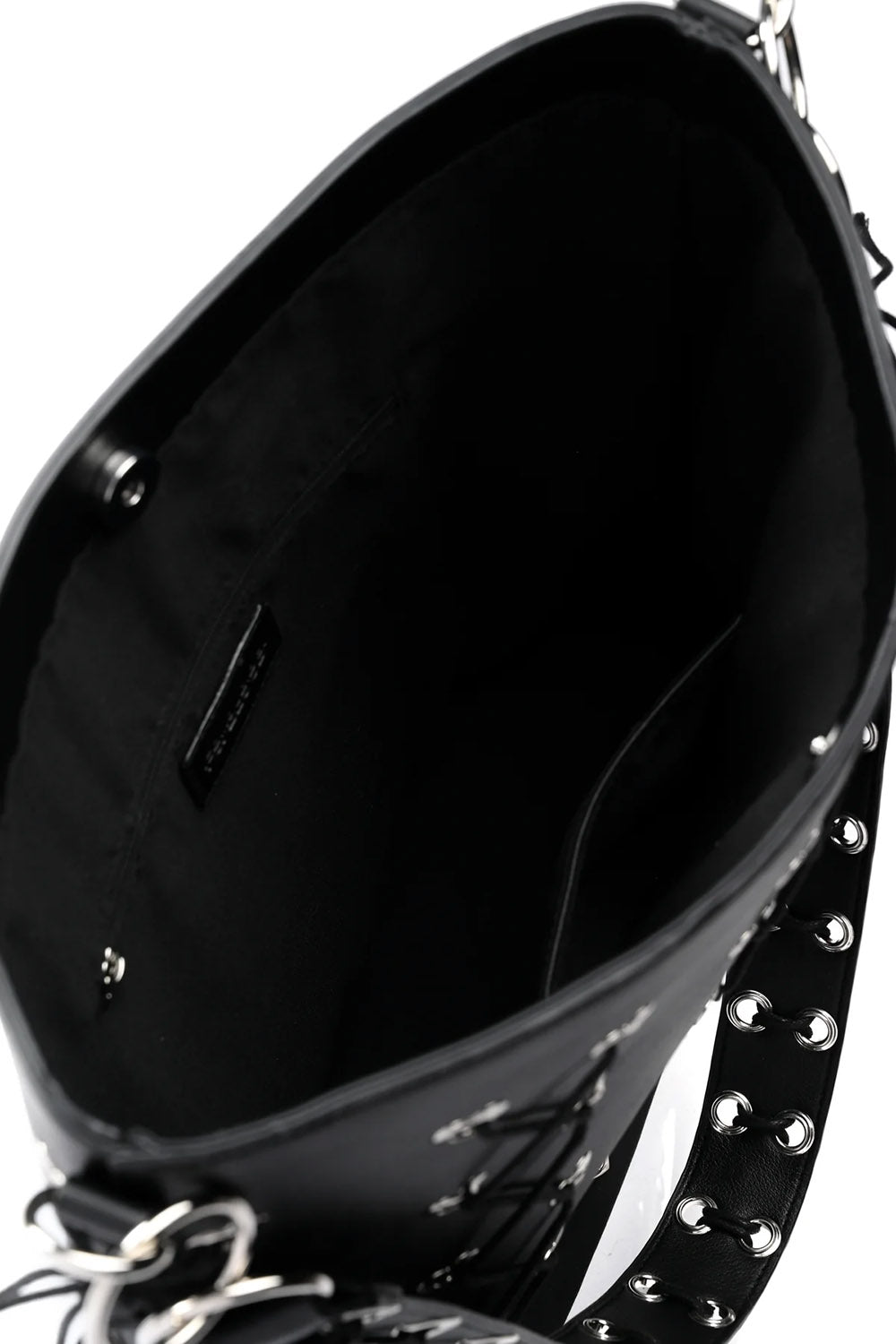 Black studded oversized bucket bag with lace up details on a white background