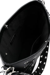 Black studded oversized bucket bag with lace up details on a white background