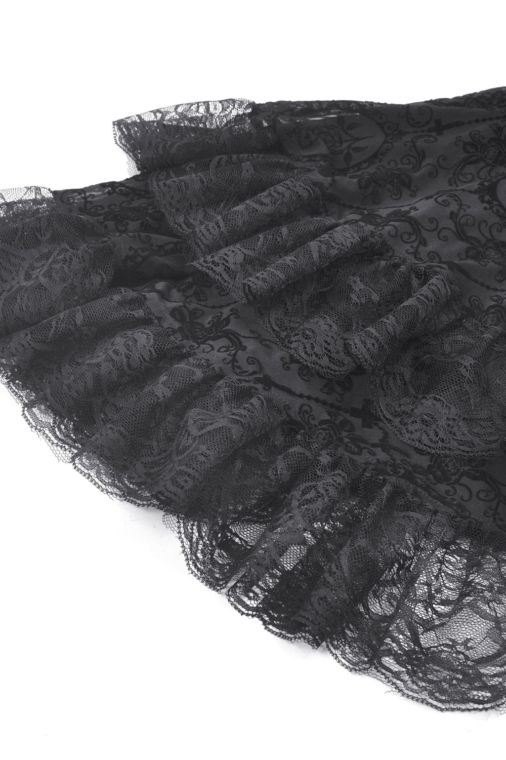 embroidered womens long sleeve black ruffle gown with lace sleeves