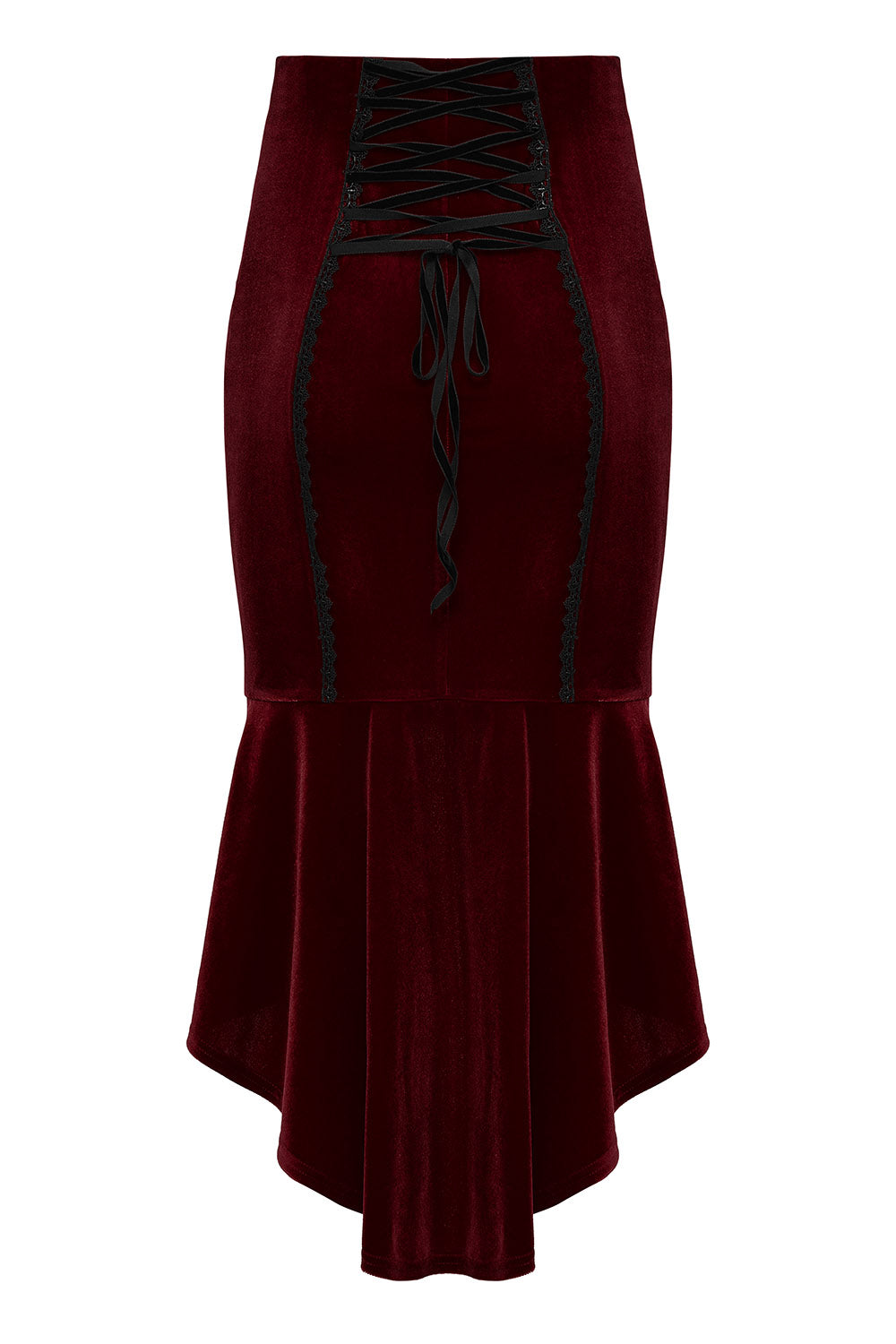 lace-up red velvet irregular asymmetric hem fishtail skirt