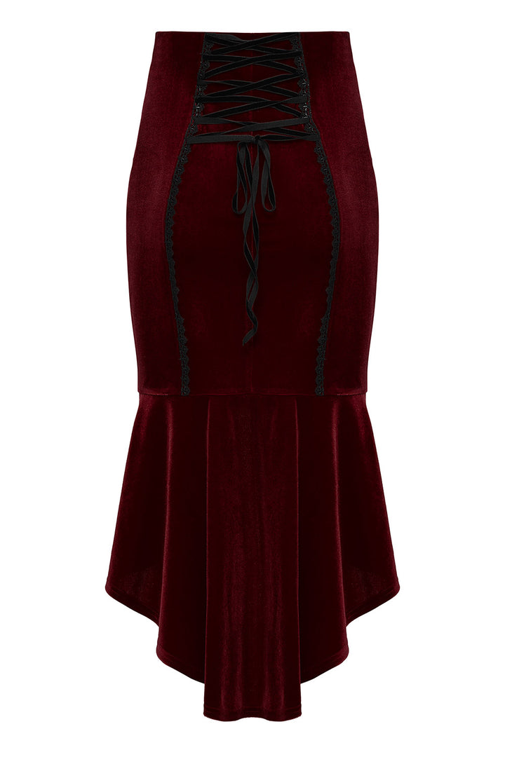 lace-up red velvet irregular asymmetric hem fishtail skirt