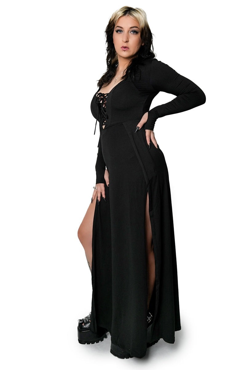 long leg-slit gothic dress with thumbholes