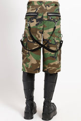 tripp NYC punk Camouflage shorts with black boots on a white background