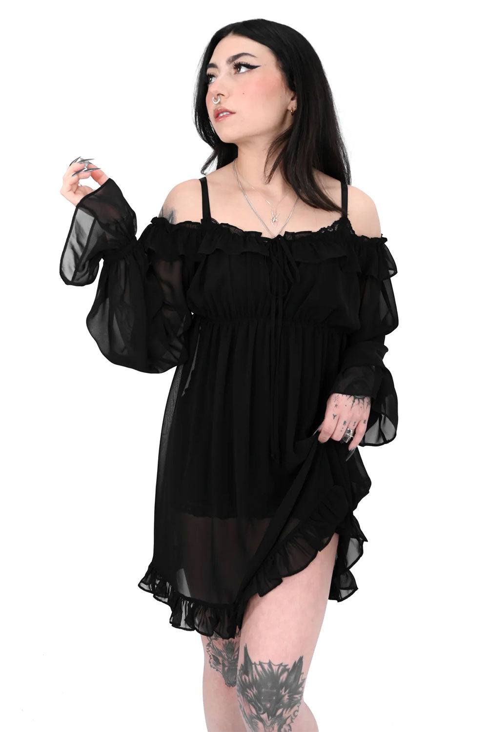 Womens chiffon dress with tie and ruffle details