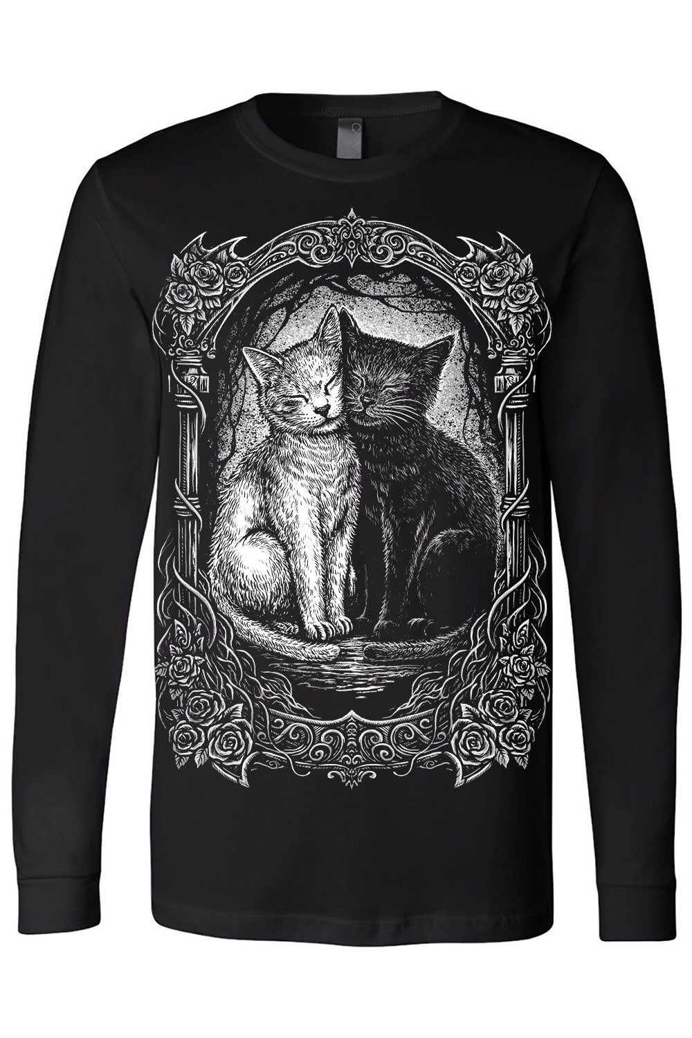 Black long-sleeve shirt with a graphic of two cats in an ornate frame on a white background