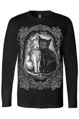 Black long-sleeve shirt with a graphic of two cats in an ornate frame on a white background
