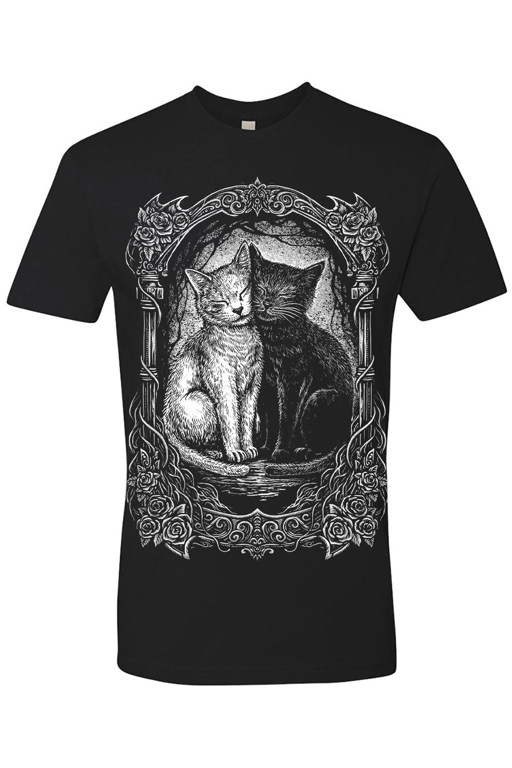 Black t-shirt with a graphic of two cats in a decorative frame on a white background