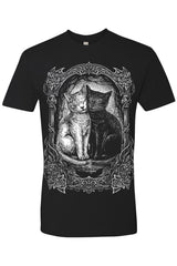 Black t-shirt with a graphic of two cats in a decorative frame on a white background